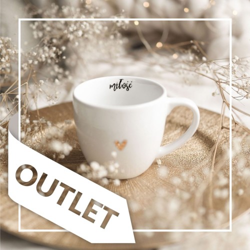 Biały kubek porcelanowy Nadzwyczajnie.pl ze złotym sercem i napisem Miłość OUTLET — 300 ml