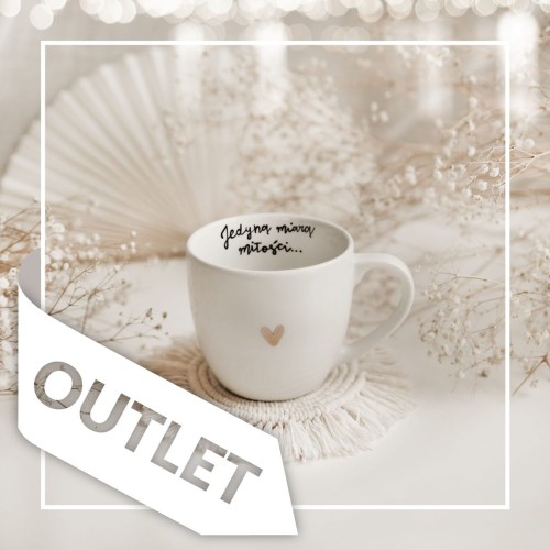 Biały kubek porcelanowy Nadzwyczajnie.pl ze złotym sercem i napisem Jedyną miarą miłości... OUTLET — 300 ml