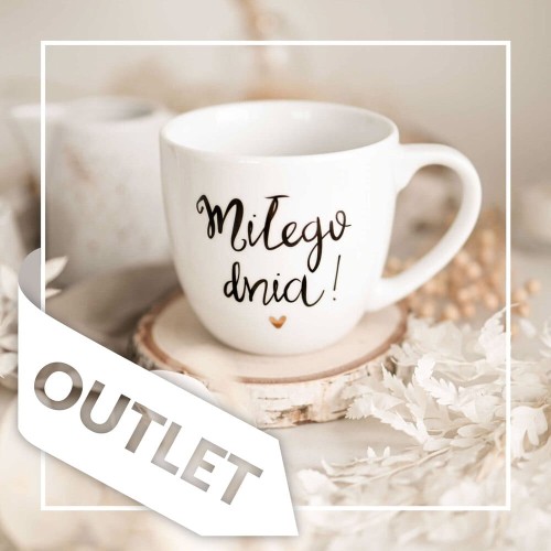 Biały kubek porcelanowy Nadzwyczajnie.pl ze złotym sercem i napisem Miłego dnia! OUTLET — 300 ml