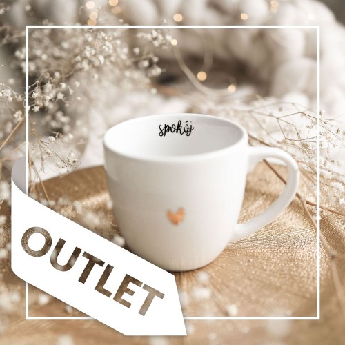 Biały kubek porcelanowy Nadzwyczajnie.pl ze złotym sercem i napisem Spokój OUTLET — 300 ml