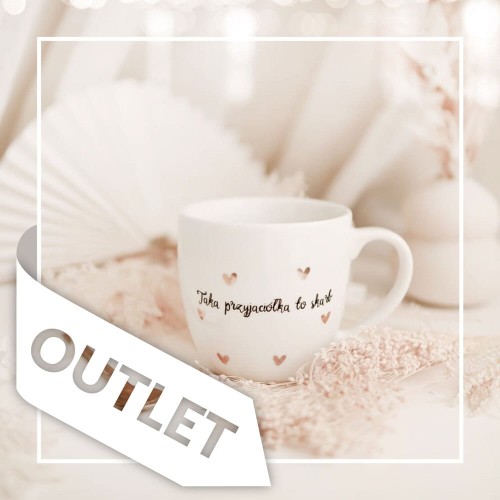 Biały kubek porcelanowy Nadzwyczajnie.pl ze złotym zdobieniem i napisem Taka przyjaciółka to skarb ZŁOTE SERDUSZKA OUTLET