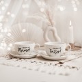 Zestaw filiżanek 250 ml - Kocham Cię Mamo, Kocham Cię Tato ZŁOTE SERCE Zbliżenie na złote zdobienie serca na białym filiżance porcelanowej filiżanek 250 ml - Kocham Cię Mamo, Kocham Cię Tato