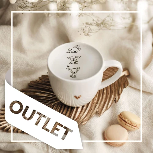 Biały kubek porcelanowy Nadzwyczajnie.pl ze złotym zdobieniem i napisem Trzy małe pieski OUTLET — 300 ml