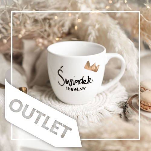 Biały kubek porcelanowy Nadzwyczajnie.pl ze złotym zdobieniem i napisem Świadek idealny OUTLET — 300 ml