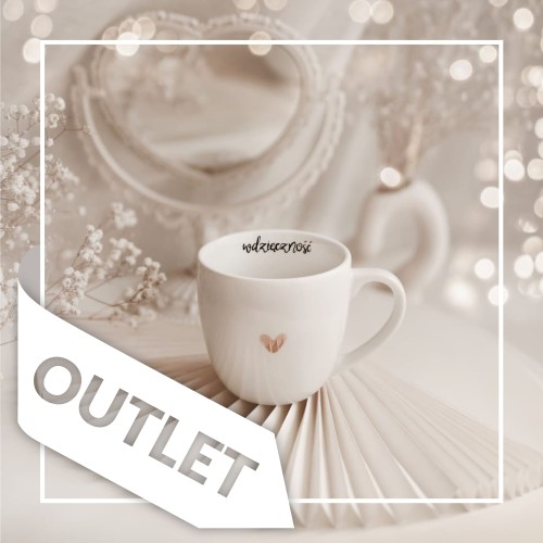 Biały kubek porcelanowy Nadzwyczajnie.pl ze złotym sercem i napisem Wdzięczność OUTLET — 300 ml