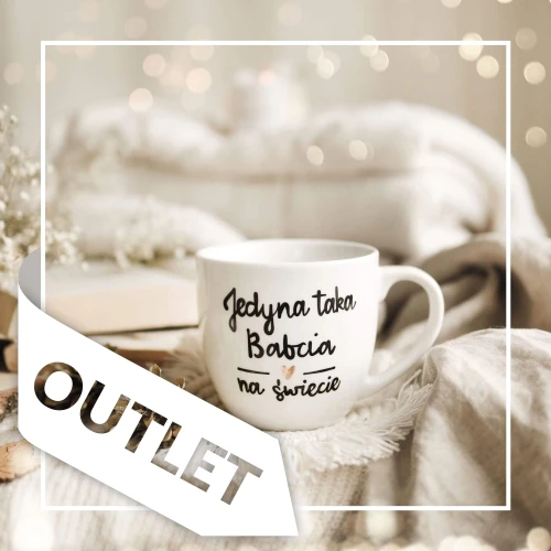 Biały kubek porcelanowy Nadzwyczajnie.pl ze złotym sercem i napisem Jedyna taka babcia na świecie OUTLET — 300 ml