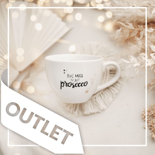 Biały kubek porcelanowy Nadzwyczajnie.pl ze złotym zdobieniem i napisem Być może jest tu PROSECCO OUTLET — 500 ml