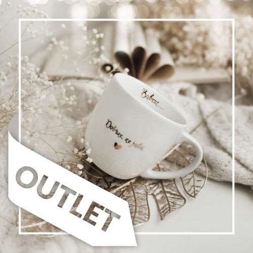 Biały kubek porcelanowy Nadzwyczajnie.pl ze złotym zdobieniem i napisem Babciu dobrze, że jesteś ZŁOTY NAPIS OUTLET — 300 ml