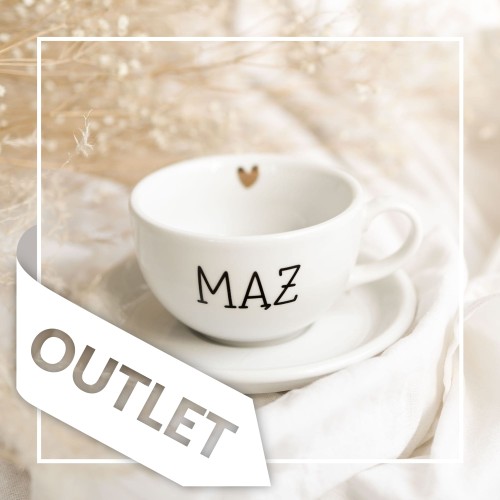 Biały filiżanka porcelanowa Nadzwyczajnie.pl ze złotym sercem i napisem ze spodkiem - MĄŻ OUTLET — 250 ml
