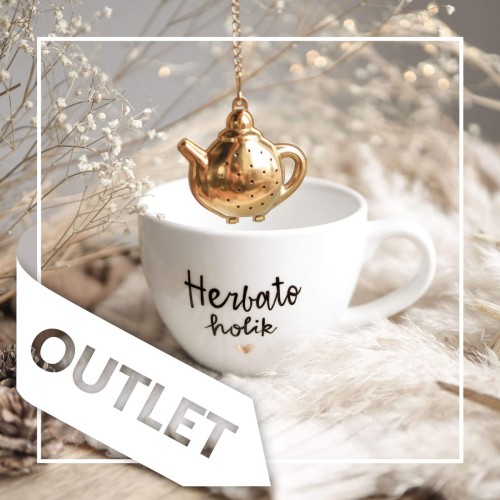 Biały kubek porcelanowy Nadzwyczajnie.pl ze złotym sercem i napisem Herbatoholik OUTLET — 500 ml