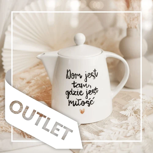 Biały produkt porcelanowy Nadzwyczajnie.pl ze złotym sercem i napisem Dzbanek 1 litr - Dom jest tam, gdzie jest miłość OUTLET