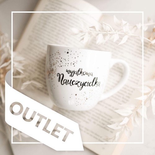 Biały kubek porcelanowy Nadzwyczajnie.pl ze złotym zdobieniem i napisem Wyjątkowa nauczycielka OUTLET — 300 ml