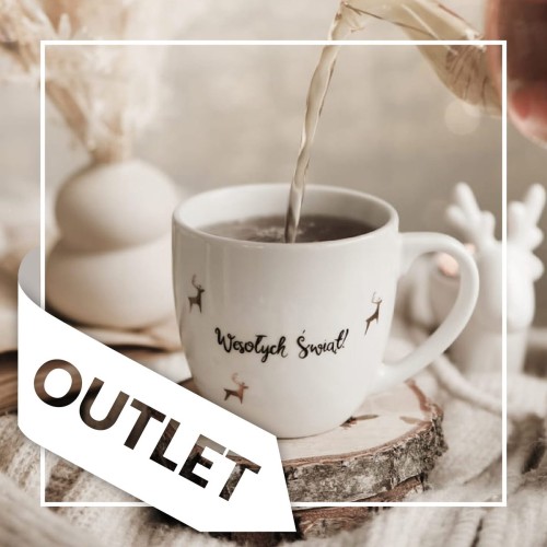 Biały kubek porcelanowy Nadzwyczajnie.pl ze złotym zdobieniem i napisem Wesołych Świąt ZŁOTE RENIFERY OUTLET — 300 ml