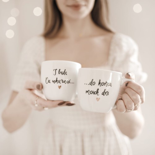 Biały zestaw porcelanowy Nadzwyczajnie.pl ze złotym sercem i napisem kubków 300 ml - I będę Cię wkurzać... do końca moich