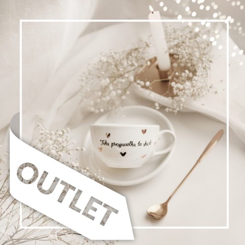 Biały filiżanka porcelanowa Nadzwyczajnie.pl ze złotym zdobieniem i napisem ze spodkiem - Taka przyjaciółka to skarb