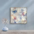 In the flow II 40x40 - obraz abstrakcja, obraz ręcznie malowany, kolorowy, pastelowy, odcienie błekitu, bieli i różu Produkt porcelanowy ze złotym zdobieniem In the flow II 40x40 - obraz abstrakcja Nadzwyczajnie.pl — widok z boku na