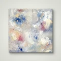 In the flow II 40x40 - obraz abstrakcja, obraz ręcznie malowany, kolorowy, pastelowy, odcienie błekitu, bieli i różu Biały produkt porcelanowy Nadzwyczajnie.pl ze złotym zdobieniem i napisem In the flow II 40x40 - obraz abstrakcja