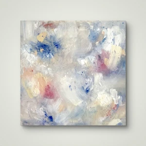 In the flow II 40x40 - obraz abstrakcja, obraz ręcznie malowany, kolorowy, pastelowy, odcienie błekitu, bieli i różu