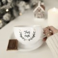 Personalizowana filiżanka 350 ml z talerzykiem Twój napis ze świątecznym motywem Biały filiżanka porcelanowa Nadzwyczajnie.pl ze złotym zdobieniem i napisem Personalizowana z ykiem Twój napis ze