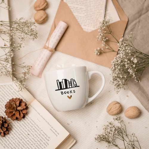 Biały kubek porcelanowy Nadzwyczajnie.pl ze złotym sercem i napisem Books — 300 ml