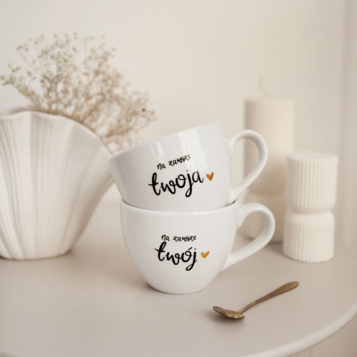 Zestaw 2 Białych Kubków Porcelanowych 500 ml - Napisy Na Zawsze Twój Na Zawsze Twoja ze Złotym Sercem dla Pary na Walentynki