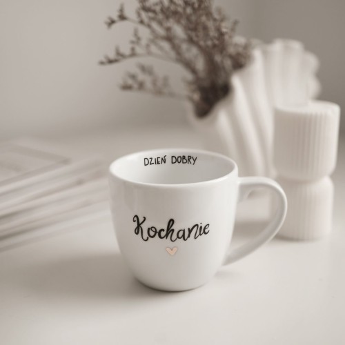 Biały Kubek Porcelanowy 300 ml - Napis Dzień Dobry Kochanie ze Złotym Sercem dla Ukochanej Osoby na Rocznicę