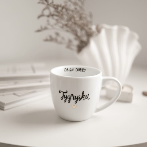 Biały Kubek Porcelanowy 300 ml - Napis Dzień Dobry Tygrysku ze Złotym Sercem dla Partnera na Rocznicę