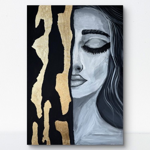 Złota Cisza 70x100  - obraz ze złotem, abstrakcja, nowoczesny portret kobiety, ręcznie malowany
