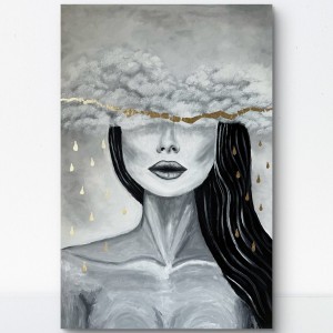 Złoty Deszcz 80x120  - obraz ze złotem, abstrakcja, kobieta z głową w chmurach, ręcznie malowany