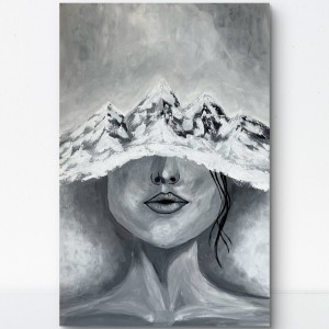 Górska Cisza 80x120  - obraz abstrakcja, kobieta z głową w górach, ręcznie malowany, czarno-biały