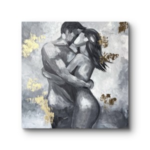 Bliskość 100x100  - obraz abstrakcja, sylwetka pary kobieta i mężczyzna, ręcznie malowany, biel, szarość i złoto