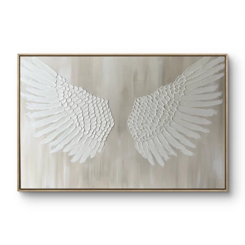 Anielski szept 80x120 - białe skrzydła Anioła, obraz ręcznie malowany, strukturalny beżowy, delikatny, abstrakcja, na prezent
