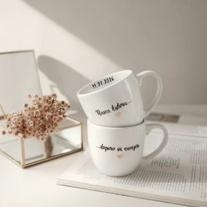 Zestaw 2 białych kubków porcelanowych 300 ml - motyw złotego serca z napisem Nasza historia dopiero się zaczyna oraz datą wewnątrz dla zakochanych na ślub