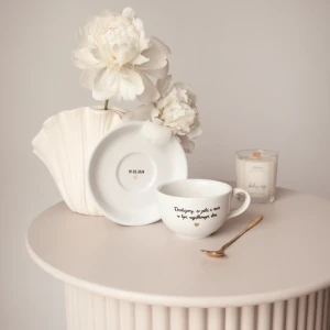 Filiżanka 250 ml ze spodkiem - Dziękujemy, że jesteś z nami w tym wyjątkowym dniu + DATA ZŁOTE SERCE na spodku