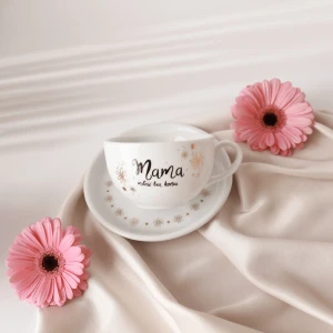 Filiżanka 250 ml ze spodkiem - Mama miłość bez końca ZŁOTE STOKROTKI + spodek ZŁOTE STOKROTKI