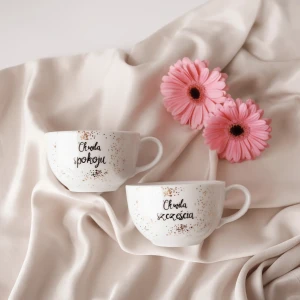 Zestaw filiżanek 250 ml ze spodkami - Chwila spokoju/Chwila szczęścia ZŁOTE NAKROPIENIA