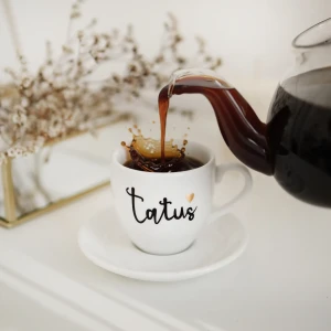 Biała Filiżanka Porcelanowa Espresso ze Spodkiem 100 ml - Tatuś Złote serce Prezent na Dzień Ojca