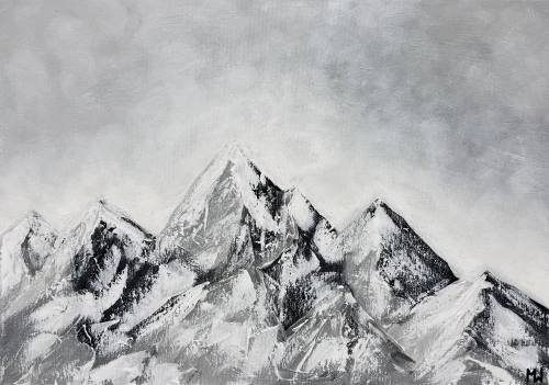 Ciche Góry 50x70 - obraz ręcznie malowany, abstrakcja, czarno-biały