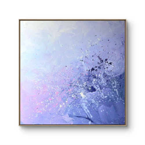 Ogród o zmierzchu 130x130 - pastelowy obraz do salonu, sypialni, nowoczesny obraz na ścianę, dekoracja wnętrz, ręcznie malowany obraz abstrakcyjny na płótnie w odcieniach fioletu, różu, błękitu