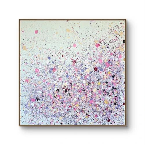 Letnia łąka 130x130 - pastelowy, kolorowy obraz do salonu, sypialni, nowoczesny obraz na ścianę, dekoracja wnętrz, ręcznie malowany obraz abstrakcyjny na płótnie w odcieniach fioletu, różu, błękitu, beżu