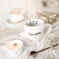 Biały kubek porcelanowy 300 ml - napis dzień dobry misiu i złote serce na rocznicę dla ukochanej osoby Zbliżenie na złote zdobienie serca na białym kubku porcelanowym Dzień dobry misiu Nadzwyczajnie.pl