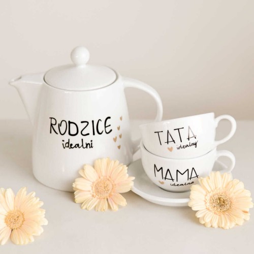 Zestaw - Dzbanek Rodzice idealni, Filiżanki 250 ml ze spodkami Tata idealny, Mama idealna ZŁOTE SERCE