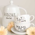 Zestaw - Dzbanek Rodzice idealni, Filiżanki 250 ml ze spodkami Tata idealny, Mama idealna ZŁOTE SERCE Filiżanka porcelanowa ze złotym sercem Dzbanek Rodzice idealni, Filiżanki 250 ml ze spodkami Tata idealny, Mama idealna
