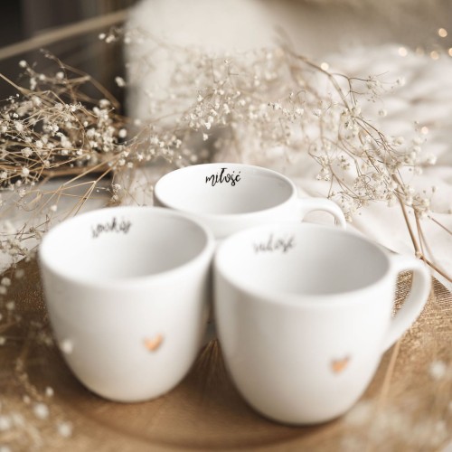 Zestaw 3 kubków zdobionych złotem - miłość, spokój, radość