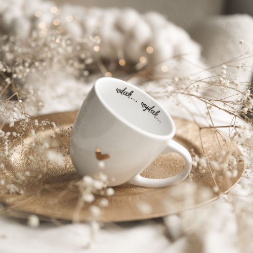Biały Kubek Porcelanowy 300 ml - Napis Wdech Wydech i Złote Serce dla Miłośników Jogi na Urodziny
