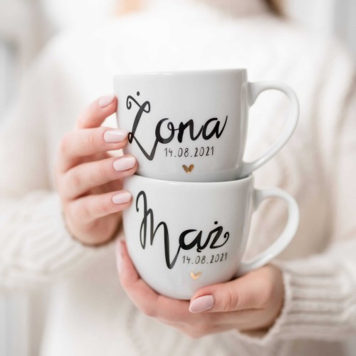 Zestaw 2 Białych Kubków Porcelanowych z Personalizacją 300 ml - Napis Mąż Żona z Datą dla Pary na Każdą Okazję