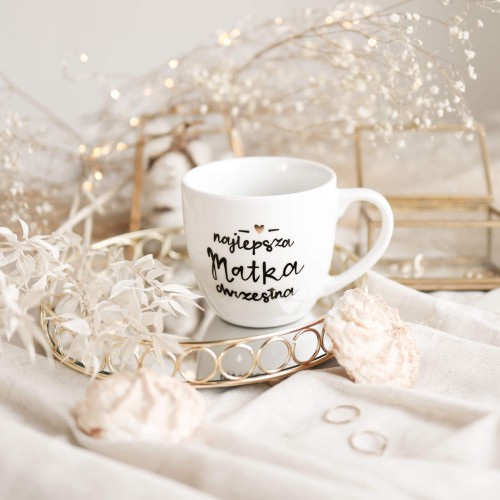 Biały Kubek Porcelanowy 300 ml - Motyw Złotego Serca i Napis Najlepsza Matka Chrzestna dla Matki Chrzestnej na Chrzest