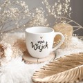 Biały kubek porcelanowy 300 ml - napis super wujek z motywem złotego serca na urodziny dla wujka Kubek porcelanowy ze złotym sercem Super wujek Nadzwyczajnie.pl — widok z boku na białym tle