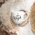 Biały kubek porcelanowy 300 ml - napis super wujek z motywem złotego serca na urodziny dla wujka Biały kubek porcelanowy Nadzwyczajnie.pl ze złotym sercem i napisem Super wujek — 300 ml