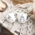 Zestaw 2 białych kubków porcelanowych 300 ml - napisy Hej Kotku i Cześć Miśku dla pary na walentynki Biały zestaw ze złotym zdobieniem Nadzwyczajnie.pl kubków 300 ml - Hej Kotku, Cześć Miśku — porcelana premium 300 ml